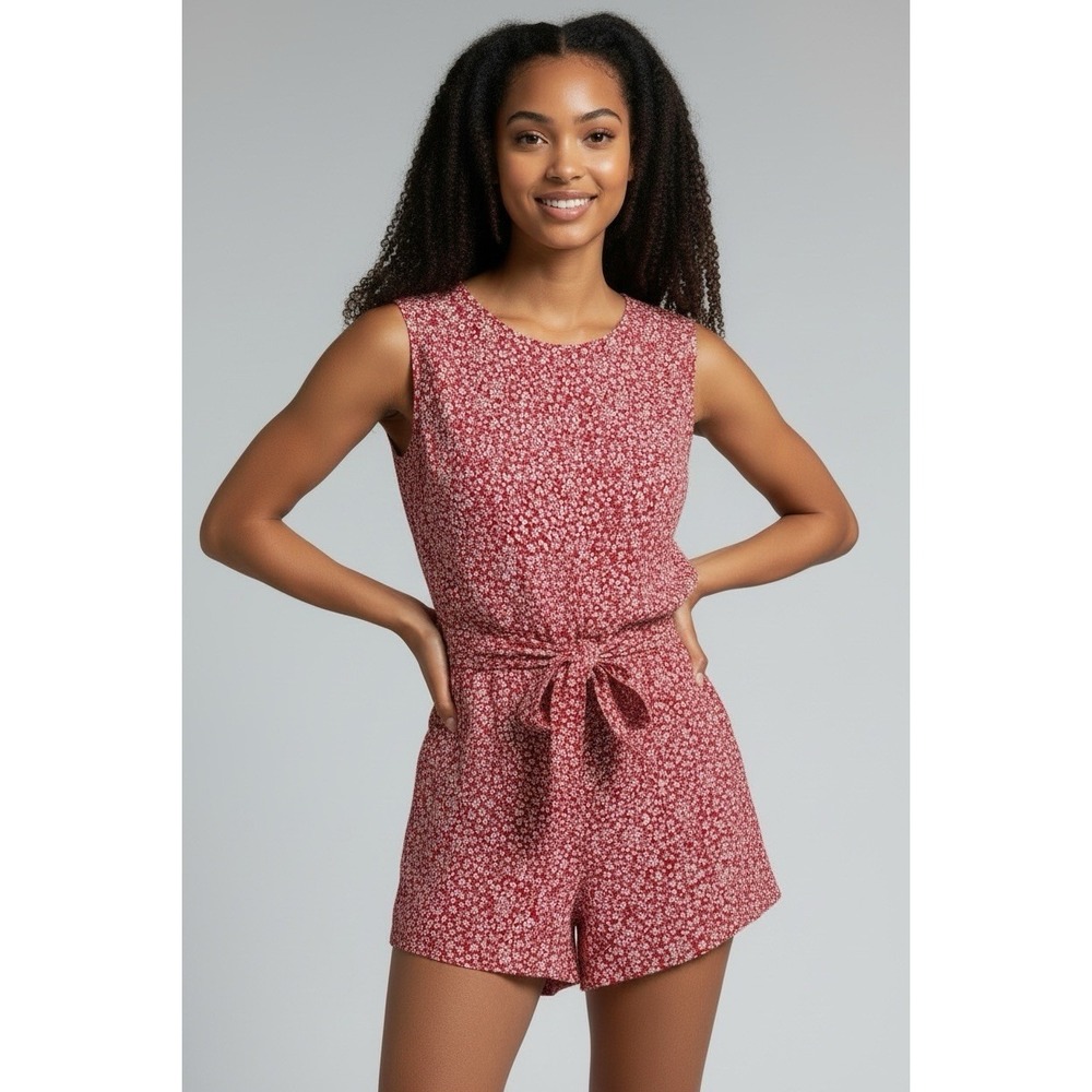 Loft Romper Women's XS Red Floral Belted Open Back